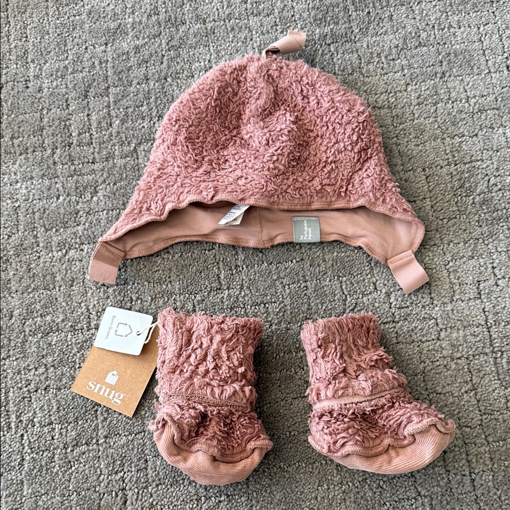 Pink Fleece Baby Hat and Booties Set